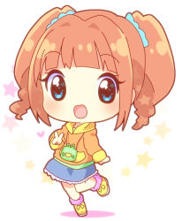 Rule 34 | 1girl, :d, blue eyes, blush, brown hair, chibi, heart, idolmaster, idolmaster (classic), looking at viewer, mirai (sugar), open mouth, shadow, simple background, skirt, smile, solo, standing, standing on one leg, star (symbol), takatsuki yayoi, twintails, v, white background