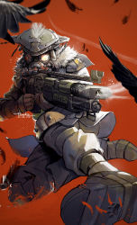 Rule 34 | 1other, ambiguous gender, apex legends, artist name, bird, bloodhound (apex legends), boots, brown footwear, crow, dated, eureka1812, feathers, firing, gas mask, goggles, gun, helmet, highres, holding, holding gun, holding weapon, m1904 mastiff, mask, mouth mask, red background, shotgun, sliding, solo, weapon
