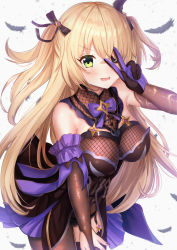 Rule 34 | 1girl, ame sagari, bare shoulders, black dress, black gloves, blonde hair, bow, bowtie, bridal gauntlets, cowboy shot, dress, eyepatch, feathers, fischl (genshin impact), fishnets, garter straps, genshin impact, gloves, green eyes, hair over one eye, hair ribbon, highres, long hair, looking at viewer, open mouth, ribbon, simple background, single glove, single thighhigh, smile, solo, thighhighs, two side up, v, v-shaped eyebrows, white background