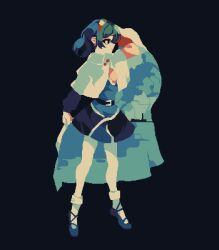 Rule 34 | 1girl, 4qw5, belt, belt buckle, black background, black belt, black eyes, blue footwear, blue hair, buckle, buttons, cape, capelet, dress, hair ornament, highres, holding, holding cape, holding clothes, long sleeves, medium hair, multicolored clothes, multicolored dress, pixel art, rainbow print, shoes, simple background, sleeves past wrists, socks, tenkyuu chimata, touhou, white cape, white capelet, white socks
