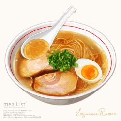 Rule 34 | artist name, egg (food), english text, food, food focus, haruna macpro, highres, meat, no humans, noodles, original, ramen, simple background, softboiled egg, soy sauce, spoon, spring onion, watermark, web address
