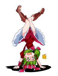 Rule 34 | &gt;:o, 1girl, :o, absurdres, boots, cross-laced footwear, dress, dress flip, frilled dress, frilled ribbon, frills, front ponytail, green eyes, green hair, hair ribbon, handstand, highres, kagiyama hina, lace-up boots, crossed legs, puffy short sleeves, puffy sleeves, ribbon, shinapuu, short sleeves, solo, sweatdrop, touhou, upside-down, v-shaped eyebrows