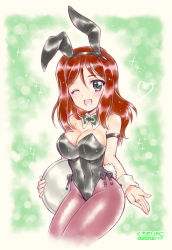 Rule 34 | 1girl, ;d, alternate costume, animal ears, armlet, artist name, black bow, black bowtie, black leotard, black pantyhose, blue eyes, bow, bowtie, breasts, brown hair, cleavage, collar, covered navel, cowboy shot, dated, detached collar, fake animal ears, fake tail, gesture, girls und panzer, green background, heart, highleg, highleg leotard, holding, holding tray, kuromori yako, leotard, looking at viewer, medium breasts, megumi (girls und panzer), one-hour drawing challenge, one eye closed, open mouth, pantyhose, playboy bunny, rabbit ears, rabbit tail, side-tie leotard, smile, solo, sparkle, standing, strapless, strapless leotard, swept bangs, tail, tray, white collar, wing collar, wrist cuffs