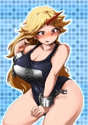 Rule 34 | 1girl, blonde hair, blush, breasts, cleavage, cuffs, female focus, hand in own hair, harusame (unmei no ikasumi), highres, horns, hoshiguma yuugi, large breasts, long hair, one-piece swimsuit, plump, red eyes, school swimsuit, shackles, single horn, solo, swimsuit, touhou, writing
