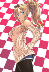 Rule 34 | 1girl, :p, black pantyhose, blonde hair, blue eyes, blue shorts, breasts, checkered background, clothing cutout, commentary request, granblue fantasy, highres, long hair, looking at viewer, medium breasts, pantyhose, ponytail, shorts, shoulder cutout, solo, sweater, tekkai blade, tongue, tongue out, white sweater, zeta (granblue fantasy)