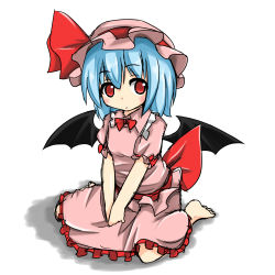 Rule 34 | 1girl, barefoot, blue hair, bow, child, dress, eyebrows, feet, female focus, hat, looking at viewer, nyt, remilia scarlet, shadow, shiny skin, short hair, simple background, solo, touhou, vampire, white background