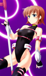 Rule 34 | 1girl, arm strap, bare shoulders, blue eyes, blush, brown hair, cameltoe, covered navel, fingerless gloves, gauntlets, gloves, glowing, hakkai, highres, leotard, lips, luciferion, lyrical nanoha, mahou shoujo lyrical nanoha, mahou shoujo lyrical nanoha a&#039;s, mahou shoujo lyrical nanoha a&#039;s portable: the battle of aces, stern the destructor, short hair, solo, staff, thighhighs