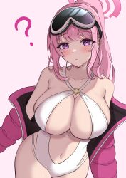 Rule 34 | 1girl, ?, absurdres, bare shoulders, blue archive, breasts, cleavage, closed mouth, commentary request, eimi (blue archive), eimi (swimsuit) (blue archive), goggles, goggles on head, halo, high ponytail, highres, huge breasts, jacket, kumomokka, long hair, looking at viewer, navel, one-piece swimsuit, open clothes, open jacket, padded jacket, pink background, pink eyes, pink hair, pink halo, pink jacket, serious, simple background, ski goggles, solo, stomach, swimsuit, white one-piece swimsuit