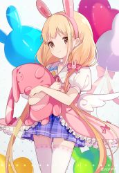Rule 34 | &gt;:), 1girl, balloon, blonde hair, blue skirt, blush, bow, brown eyes, captain yue, closed mouth, commentary, dress, frilled dress, frills, futaba anzu, hair bow, hair ornament, idolmaster, idolmaster cinderella girls, long hair, low twintails, pink dress, plaid, plaid skirt, pleated skirt, puffy short sleeves, puffy sleeves, rabbit hair ornament, red bow, sailor collar, sailor dress, short sleeves, skirt, smile, solo, stuffed animal, stuffed rabbit, stuffed toy, symbol-only commentary, thighhighs, twintails, twitter username, v-shaped eyebrows, very long hair, white sailor collar, white thighhighs