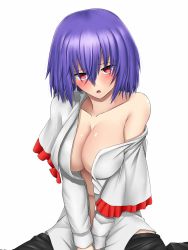 Rule 34 | 1girl, :o, black skirt, blush, breasts, capelet, center opening, cleavage, clothes pull, collarbone, frills, gnlo, hair between eyes, highres, large breasts, long sleeves, looking at viewer, nagae iku, off shoulder, open clothes, open mouth, open shirt, purple hair, red eyes, shirt, skirt, skirt pull, solo, touhou, v arms, white background