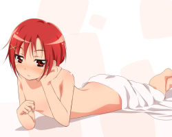 Rule 34 | 10s, 1girl, blush, hair ornament, hino akane (smile precure!), lying, naked towel, nude, on stomach, precure, red eyes, red hair, sch, smile precure!, solo, towel