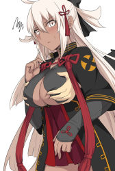 Rule 34 | 1girl, arm guards, black bow, blush, bow, grabbing another&#039;s breast, breasts, dark skin, fate (series), grabbing, grabbing from behind, groping, hair between eyes, hair bow, half updo, high-waist skirt, koha-ace, large breasts, long hair, looking back, majin saber, okita souji (fate), okita souji alter (fate), out of frame, parted lips, pleated skirt, red skirt, shiseki hirame, shrug (clothing), skirt, solo focus, sweatdrop, underboob, very long hair, white eyes, white hair