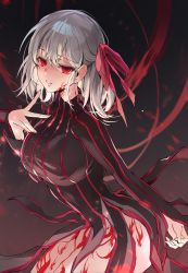 Rule 34 | 1girl, absurdres, bare legs, black dress, body markings, breasts, dark persona, dark sakura, dress, fate (series), hair ribbon, hand up, highres, large breasts, long hair, long sleeves, looking at viewer, matou sakura, parted lips, red eyes, red ribbon, ribbon, silver hair, smile, solo, striped clothes, striped dress, vertical stripes, zerocat