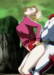 Rule 34 | 1girl, android 18, blonde hair, blush, bob cut, breasts, clothes pull, dragon ball, dragon ball super, dragonball z, earrings, from side, gloves, green eyes, hoop earrings, jacket, jewelry, large breasts, legs, looking away, mature female, medium hair, mr trace mosha, no panties, open mouth, outdoors, pants, pants pull, rape, red gloves, sex, solo focus, speed lines, standing, thighs, torso grab, track jacket, track suit, vaginal