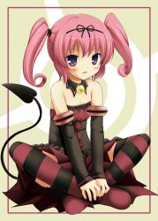 Rule 34 | 1girl, arm support, bare shoulders, blush, brooch, covering privates, crossed legs, detached sleeves, dress, embarrassed, female focus, full body, hair ribbon, jewelry, long hair, nana asta deviluke, pink hair, purple eyes, ribbon, shoes, shy, sitting, solo, strapless, strapless dress, striped clothes, striped thighhighs, tail, thighhighs, to love-ru, twintails, uniform