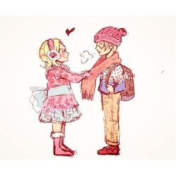 Rule 34 | 1boy, 1girl, backpack, bag, blonde hair, boots, brother and sister, dress, earmuffs, family, hat, jacket, lowres, one piece, sanji (one piece), scarf, siblings, vinsmoke reiju, aged down