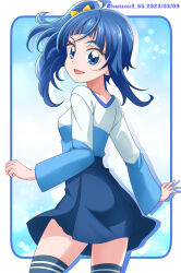 Rule 34 | 1girl, blue border, blue eyes, blue hair, blue shirt, blue skirt, blue thighhighs, border, commentary, cut bangs, dated, from behind, hair ribbon, hanzou, highres, hirogaru sky! precure, long sleeves, looking at viewer, looking back, medium hair, miniskirt, open mouth, outside border, pleated skirt, precure, ribbon, rounded corners, shirt, side ponytail, silhouette, single sidelock, skirt, smile, solo, sora harewataru, standing, thighhighs, twitter username, yellow ribbon