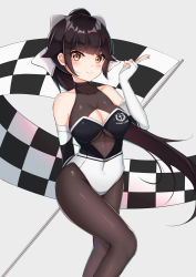 Rule 34 | 1girl, absurdres, azur lane, bad id, bad pixiv id, bare shoulders, black hair, blush, bow, breasts, brown eyes, catnnn, cleavage, cleavage cutout, clothing cutout, collarbone, commentary request, covered navel, elbow gloves, fingerless gloves, gloves, grey background, hair bow, highres, holding, large breasts, long hair, looking at viewer, md5 mismatch, ponytail, resolution mismatch, simple background, solo, takao (azur lane), takao (full throttle charmer) (azur lane), very long hair, white bow, white gloves