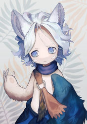 Rule 34 | 1other, absurdres, aged down, animal ears, belafu (human), blue eyes, blue pants, blue scarf, brown fur, closed mouth, commentary request, cowboy shot, feathered wings, floral background, furrification, furry, hands up, highres, light blush, made in abyss, maromayu, medium hair, other focus, pants, parted bangs, scarf, shoulder belt, sideways glance, solo, topless, wavy hair, winged arms, wings