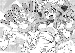 Rule 34 | 1girl, :3, animal ear fluff, animal ears, animal hands, apron, bell, blush, bow, breasts, cat hair ornament, cat paws, claw pose, claws, collar, commentary request, fang, fangs, fate/grand order, fate (series), fox ears, fox girl, fox tail, frills, greyscale, hair between eyes, hair bow, hair ornament, highres, jingle bell, kusama takato, large breasts, long hair, looking at viewer, maid headdress, monochrome, naked apron, neck bell, open mouth, paw pose, paw print, ponytail, short sleeves, sidelocks, skin fang, smile, solo, tail, tamamo (fate), tamamo cat (fate), tamamo cat (third ascension) (fate), tongue