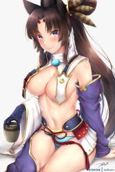 Rule 34 | 1girl, alternate breast size, arm support, armor, artist name, asymmetrical sleeves, blue gloves, blue panties, breasts, brown hair, closed mouth, detached sleeves, fate/grand order, fate (series), gloves, grey background, japanese armor, kusazuri, long hair, looking at viewer, medium breasts, mismatched sleeves, navel, panties, parted bangs, patreon username, pom pom (clothes), purple eyes, rei kun, revealing clothes, side ponytail, signature, simple background, single glove, sitting, smile, solo, stomach, underwear, ushiwakamaru (fate), wide sleeves