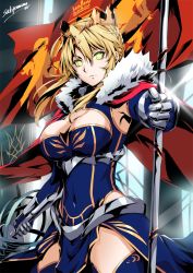 Rule 34 | 1girl, armor, armpits, artist name, artoria pendragon (all), artoria pendragon (fate), artoria pendragon (lancer) (fate), blonde hair, blue gloves, blue thighhighs, braid, breasts, cape, cleavage, cleavage cutout, closed mouth, clothing cutout, covered navel, cowboy shot, crown, fate/grand order, fate (series), flag, french braid, fur, gauntlets, gloves, glowing, glowing eyes, green eyes, hair between eyes, heattech leotard, holding, holding weapon, lance, long hair, looking at viewer, medium breasts, polearm, red cape, saber (fate), sakiyamama, solo, thighhighs, thighs, turtleneck, upper body, weapon