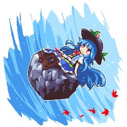 Rule 34 | 1girl, blue hair, blue skirt, blush, blush stickers, boots, commentary request, cross-laced footwear, dutch angle, food, fruit, hat, hinanawi tenshi, kumamoto (bbtonhk2), leaf, long hair, lowres, maple leaf, neck ribbon, peach, pixel art, red eyes, red ribbon, ribbon, rock, shirt, short sleeves, skirt, sky, smile, solo, touhou, white shirt