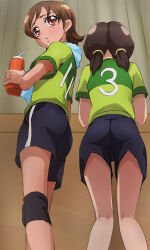 Rule 34 | 2girls, ass, character request, drink, extra, gym shorts, haruyama kazunori, looking at viewer, multiple girls, precure, short hair, shorts