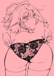 Rule 34 | 1girl, ass, ass focus, blush, butt crack, heart, highres, izayoi sakuya, long hair, looking at viewer, monochrome, panties, pink background, sketch, soi, solo, thick thighs, thighhighs, thighs, touhou, underwear