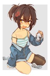 Rule 34 | 1girl, anger vein, asymmetrical legwear, bare shoulders, beer can, blue jacket, blush, brown eyes, brown hair, brown thighhighs, camisole, can, collarbone, commentary, drink can, engawa oishii, grey background, hair between eyes, highres, holding, holding can, jacket, long sleeves, nose blush, off shoulder, open mouth, original, ponytail, sharp teeth, short hair, single thighhigh, sitting, sleeves past wrists, solo, strap slip, striped, striped camisole, symbol-only commentary, tears, teeth, thighhighs, two-tone background, uneven legwear, v-shaped eyebrows, white background