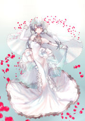 Rule 34 | 1girl, bad anatomy, bare shoulders, blue background, blush, breasts, bridal gauntlets, bride, dress, elbow gloves, flower, food fantasy, frills, fugo no shako (food fantasy), full body, gloves, gradient background, hair flower, hair ornament, hair rings, highres, horns, long hair, looking at viewer, low twintails, oni horns, ooyama hirota, petals, red eyes, silver hair, small breasts, smile, solo, standing, twintails, veil, wedding dress, white dress, white gloves, wristband