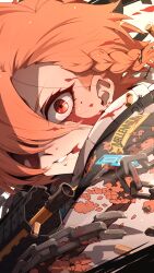 Rule 34 | 1girl, absurdres, blood, blood on face, blue archive, braid, bullet, chain, gun, halo, highres, if f, jacket, looking at viewer, neru (blue archive), open mouth, red eyes, red hair, short hair, single braid, solo, sukajan, upper body, weapon