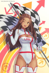 Rule 34 | 1girl, absurdres, boots, borrowed character, breasts, brown hair, challengia, checkered flag, ciara (masharu), cleavage, clothes writing, covered navel, cowboy shot, dark-skinned female, dark skin, flag, highres, holding, holding flag, idol, kkommy, large breasts, leotard, long hair, mascot, one eye closed, open mouth, race queen, solo, standing, thighhighs, upper body, white thighhighs, yellow eyes, zipper