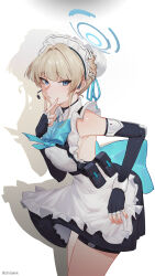 Rule 34 | 1girl, apron, armpits, back bow, bare shoulders, black gloves, black leotard, black skirt, blonde hair, blue archive, blue bow, blue bowtie, blue eyes, blue ribbon, bow, bowtie, braid, bun cover, chest harness, chilakkk, closed mouth, cowboy shot, earpiece, elbow gloves, expressionless, fingerless gloves, frilled apron, frilled hairband, frills, gloves, hair bun, hair intakes, hair ribbon, hairband, halo, hand up, harness, highres, leaning forward, leotard, leotard under clothes, looking at viewer, maid, maid apron, maid headdress, microphone, pouch, ribbon, shadow, short hair, sidelocks, simple background, skirt, solo, thigh strap, thighs, toki (blue archive), twitter username, v, white apron, white background, white hairband