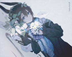 Rule 34 | 1girl, amiya (arknights), animal ears, arknights, bagml, black jacket, blue eyes, blue shirt, brown hair, commentary, daisy, dot nose, flower, frown, grey background, highres, infection monitor (arknights), jacket, leaf, letter, long hair, looking at viewer, lying, on side, rabbit ears, rabbit girl, rhodes island logo (arknights), shaded face, shirt, simple background, solo, twitter username, upper body, white flower