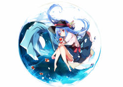 Rule 34 | 1girl, :t, barefoot, black hat, blue hair, blue skirt, closed mouth, crossed arms, fish, food, from side, frown, fruit, globe, hat, hat ribbon, hinanawi tenshi, hugging own legs, long hair, looking at viewer, medium skirt, peach, pout, red eyes, ribbon, shirt, short hair, short sleeves, skirt, solo, submerged, tetsurou (fe+), touhou, white background, white shirt
