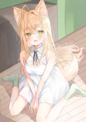 Rule 34 | 1girl, @ @, absurdres, ahoge, animal ear fluff, animal ears, bare shoulders, between legs, black ribbon, blonde hair, blush, breasts, check commentary, commentary request, day, dress, eyes visible through hair, fang, floor, fox ears, fox tail, from above, green socks, hair between eyes, hair intakes, hair over shoulder, hand between legs, highres, light particles, long hair, looking at viewer, medium breasts, neck ribbon, no shoes, original, ribbon, riri (ri0177), sidelocks, sitting, skin fang, sleeveless, sleeveless dress, socks, solo, sunlight, tail, teardrop, very long hair, wariza, white dress