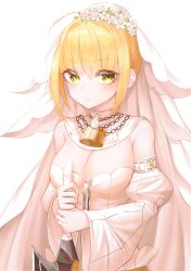 Rule 34 | 1girl, absurdres, ahoge, asd choi010913, bare shoulders, belt, blonde hair, blush, bodysuit, breasts, bridal veil, chain, cleavage, commentary request, fate/grand order, fate (series), flower, frown, gloves, green eyes, hair intakes, highres, holding, holding sword, holding weapon, huge filesize, large breasts, lock, looking at viewer, nero claudius (bride) (fate), nero claudius (bride) (second ascension) (fate), nero claudius (fate), nero claudius (fate) (all), padlock, simple background, solo, sword, veil, weapon, white background, white gloves, zipper