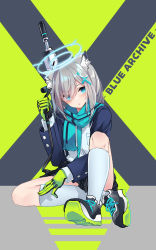 Rule 34 | 1girl, absurdres, animal ear fluff, animal ears, assault rifle, black background, black footwear, black skirt, blue archive, blue eyes, blue jacket, blue scarf, copyright name, fringe trim, full body, gloves, green background, green gloves, grey hair, gun, hair ornament, hair over one eye, halo, hand up, highres, holding, jacket, knee up, kneehighs, long sleeves, looking at viewer, open clothes, open jacket, osisio, parted lips, pleated skirt, rifle, scarf, shiroko (blue archive), shirt, shoe soles, shoes, sig sauer 556, sitting, skirt, socks, solo, two-tone background, weapon, white shirt, white socks