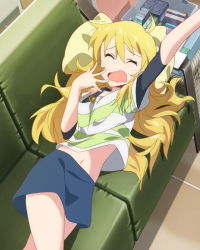Rule 34 | 10s, 1girl, ahoge, artist request, blonde hair, couch, closed eyes, green eyes, hoshii miki, idolmaster, idolmaster (classic), idolmaster million live!, jewelry, long hair, looking at viewer, lying, navel, necklace, official art, open mouth, skirt, stretching, wavy mouth, yawning