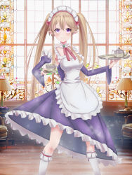 Rule 34 | 10s, 1girl, apron, cup, detached sleeves, elf, female focus, highres, itaru chokusha, jug (bottle), long hair, maid, maid apron, myucel foalan, outbreak company, plate, pointy ears, purple eyes, smile, solo, twintails