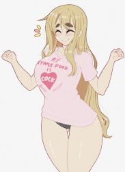 Rule 34 | 1girl, absurdres, alternate breast size, black panties, blonde hair, breasts, closed eyes, collarbone, commentary, cowboy shot, english commentary, english text, hair between eyes, highres, k-on!, kotobuki tsumugi, large breasts, long hair, meme attire, panties, shiny skin, shirt, short sleeves, smile, solo, t-shirt, thick eyebrows, thighs, underwear, very long hair, w arms, white background, young savage