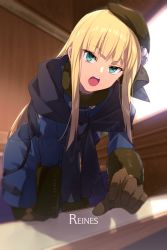 Rule 34 | 1girl, aqua eyes, beret, black hat, black pantyhose, blonde hair, blue dress, blue jacket, blue scarf, blush, breasts, brown gloves, character name, cropped jacket, dress, echo (circa), fate (series), fur collar, gloves, grey rose, hat, jacket, leaning forward, long hair, long sleeves, looking at viewer, lord el-melloi ii case files, open mouth, pantyhose, reines el-melloi archisorte, scarf, sidelocks, small breasts, solo, thighs, tilted headwear