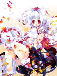 Rule 34 | 1girl, animal ears, autumn leaves, detached sleeves, geta, hat, hikanyan, inubashiri momiji, long sleeves, navel, open mouth, outstretched arm, outstretched hand, pink eyes, ribbon-trimmed sleeves, ribbon trim, shirt, silver hair, skirt, smile, solo, tail, tokin hat, touhou, wide sleeves, wolf ears, wolf tail