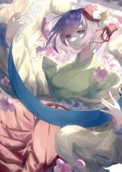 Rule 34 | 1girl, \||/, bow, commission, cowboy shot, flower, green kimono, hair bow, hair flower, hair ornament, hair ribbon, hieda no akyuu, holding, holding scroll, japanese clothes, kimono, long skirt, long sleeves, looking at viewer, parted lips, pink flower, purple hair, red bow, red ribbon, red skirt, ribbon, scroll, short hair, skeb commission, skirt, solo, toku kekakewanko, touhou, white flower, wide sleeves, yellow sleeves