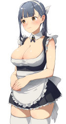 Rule 34 | 1girl, apron, bare arms, bare shoulders, black dress, blue hair, blunt bangs, blush, breasts, cleavage, closed mouth, collarbone, covered erect nipples, detached collar, doushimasho, dress, frilled dress, frills, hairband, large breasts, light frown, long hair, looking away, looking to the side, original, own hands together, ponytail, simple background, skindentation, sleeveless, sleeveless dress, solo, standing, tareme, thighhighs, thighs, white apron, white background, white hairband, white thighhighs, wing collar, zettai ryouiki