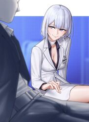 Rule 34 | 1boy, 1girl, absurdres, bandaged neck, bandages, business suit, collared shirt, emile aoi, formal, girls&#039; frontline, highres, id card, jacket, light purple hair, looking at another, office lady, official alternate costume, pencil skirt, purple eyes, rpk-16 (girls&#039; frontline), rpk-16 (renate) (girls&#039; frontline), shirt, short hair, skirt, smile, suit, white jacket