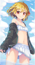 Rule 34 | 1girl, ahoge, bare shoulders, bikini, bikini skirt, black jacket, blonde hair, breasts, closed mouth, day, frilled bikini, frills, highres, jacket, long sleeves, looking at viewer, navel, off shoulder, open clothes, open jacket, outdoors, red eyes, rumia, short hair, small breasts, smile, solo, standing, stomach, string bikini, swimsuit, thighs, touhou, uumaru, wading, water, white bikini