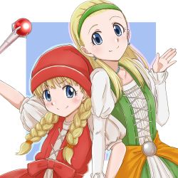 Rule 34 | 2girls, bead necklace, beads, blonde hair, blue eyes, bow, braid, dragon quest, dragon quest xi, earrings, hairband, halsya, hand up, hat, highres, jewelry, medium hair, multiple girls, necklace, puffy short sleeves, puffy sleeves, red hat, scepter, senya (dq11), short sleeves, smile, twin braids, veronica (dq11), waist bow