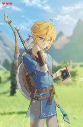 Rule 34 | 1boy, ahoge, belt, blonde hair, blue eyes, blue shirt, blurry, blurry background, bow (weapon), brown belt, closed mouth, cloud, cowboy shot, day, depth of field, dinwoon, earrings, frown, grass, grey pants, hand on own neck, heart, highres, holding, jewelry, link, looking at viewer, male focus, medium hair, nintendo, outdoors, pants, pointy ears, sheikah slate, shield, shield on back, shirt, sky, solo, sword, the legend of zelda, the legend of zelda: breath of the wild, tree, tunic, weapon